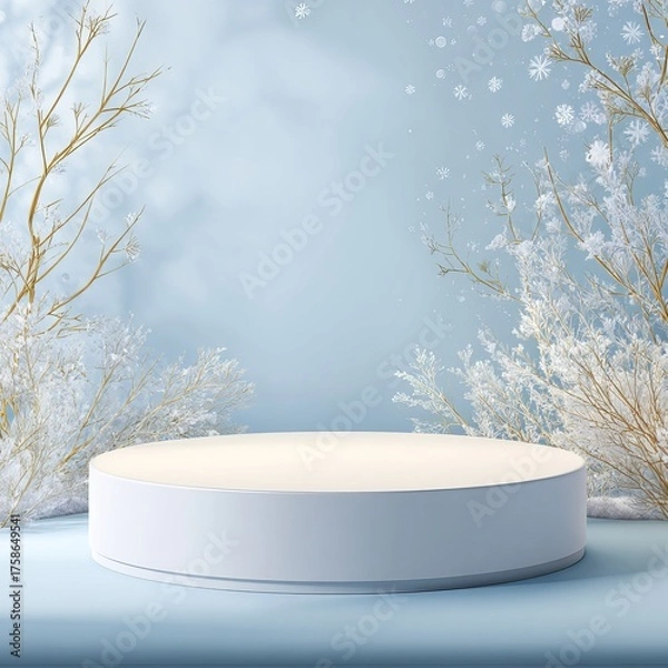 Fototapeta a round podium on the right side of an empty white table, with a winter background featuring snowflakes and silver branches