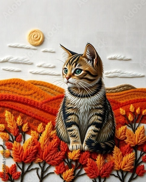 Fototapeta Thread Painting: Adorable Cat in Autumnal Embroidered Scene