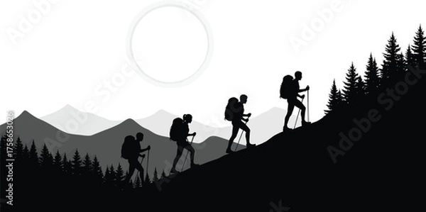 Obraz Vector art of silhouette of hikers with backpacks and trekking poles ascending a mountain slope with pine trees and layered mountains in the background under a bright sun