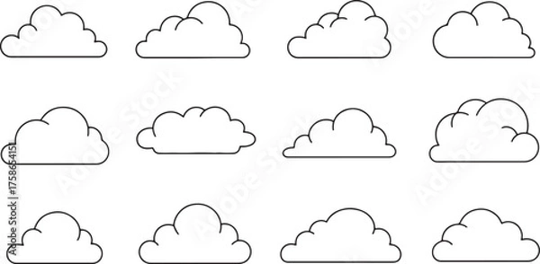 Fototapeta Collection of Twelve Simple Outline Icons of Various Cloud Shapes on a White Background clouds symbol on transparent background