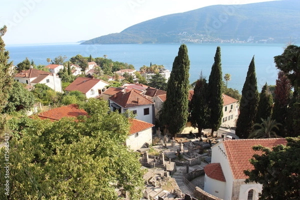 Fototapeta Panoramic view of a small European city in Montenegro