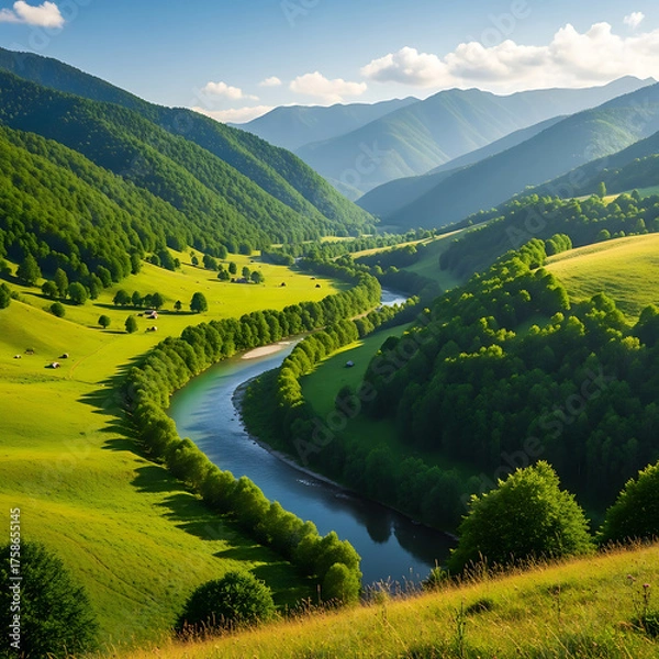 Fototapeta Winding River Through a Vibrant Green Mountain Valley Under Blue Sky
