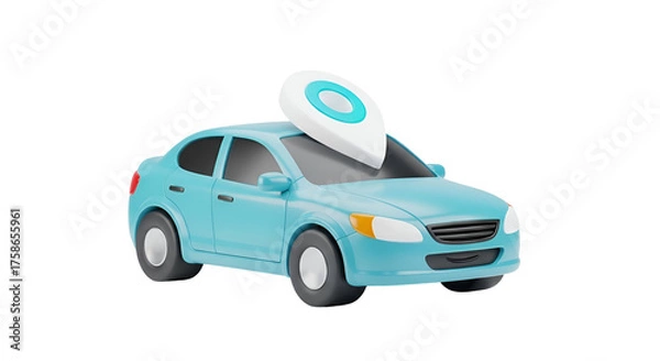 Fototapeta 3d icon of blue car with location pin on top isolated on transparent background, representing navigation and transportation