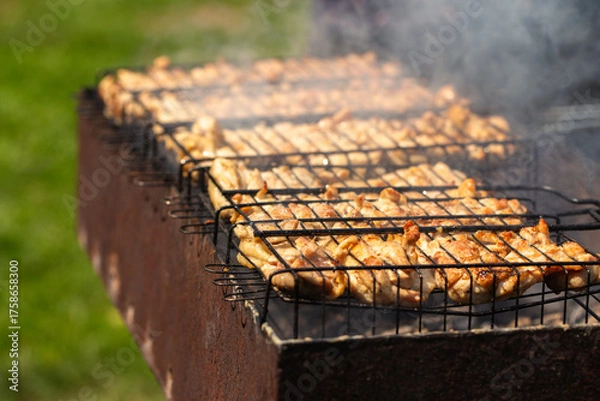 Fototapeta Juicy, marinated chicken pieces grilling on a rack over hot coals, surrounded by smoke with a blurred green grass background on a sunny day
