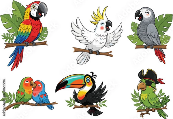 Fototapeta Cartoon exotic bird character set, playful parrot and toucan illustrations, cute wildlife clipart, kids vector design, stylized jungle icons