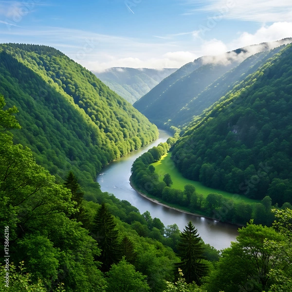 Fototapeta Winding River Through Lush Green Valley with Forested Mountains