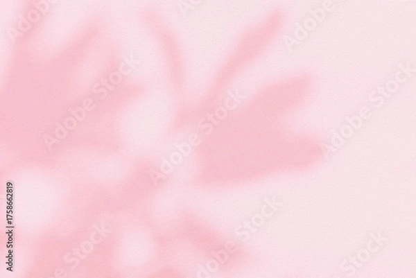 Fototapeta Light and shadow pink pastel abstract background. Natural leaves shadows and sunshine diagonal refraction on white wall texture. Shadow overlay effect foliage mockup, banner graphic layout
