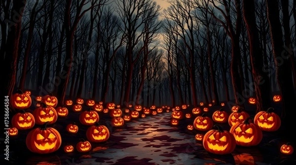 Obraz Enchanted Pumpkin Patch in a Spooky Bare Tree Forest