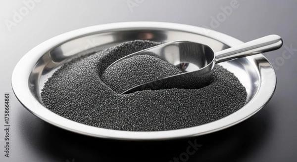Fototapeta A scoop rests in a bowl filled with black granular material, showcasing a sample of industrial carbon for analysis and application