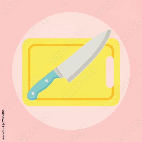 Fototapeta A Chef's Knife Rests on a Bright Yellow Cutting Board, Ready for Food Preparation in a Kitchen