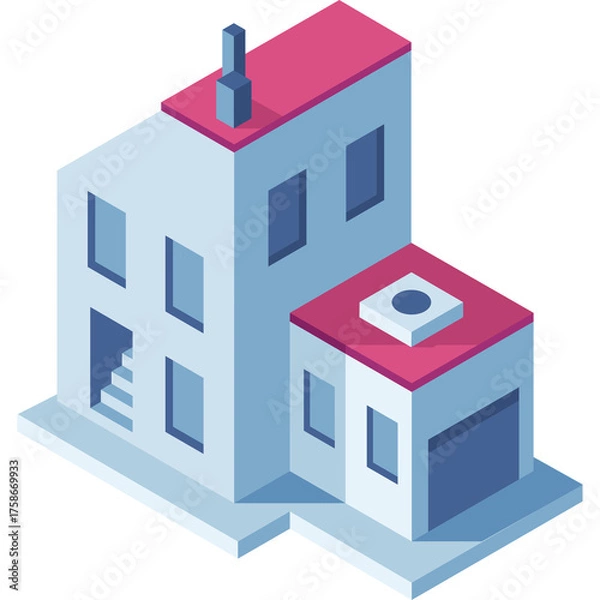Obraz Modern Isometric Building Design With Pink Roof and Blue Walls In A Simple Geometric Style With Clear Windows And A Garage Door On A White Background
