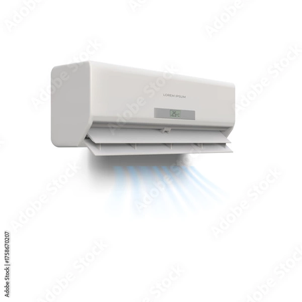 Obraz Modern white air conditioning unit emitting cool blue air with adjustable louvers in a clean studio setting