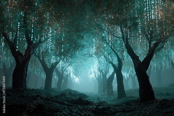 Fototapeta Surreal forest landscape featuring glowing binary code transforming natural trees into digital data