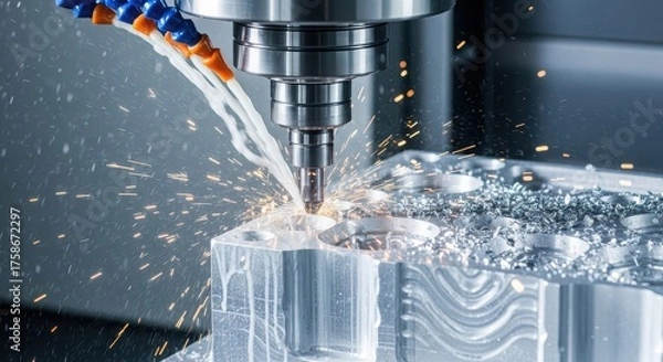 Fototapeta Metalworking cnc milling machine cutting metal part with coolant modern industrial technology metalworking industry concept