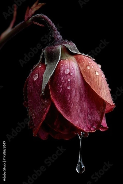 Fototapeta A dew-laden, dark-red rose, drooping elegantly against a stark black background, a single tear-like droplet hanging from its petal.  Its vibrant color contrasts beautifully with the somber setting