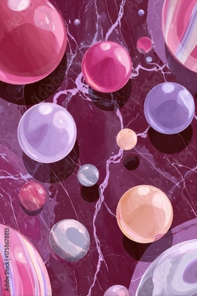 Fototapeta A digital illustration of numerous glossy spheres in varying pastel shades of pink, purple, and peach, scattered across a dark-pink marbled surface.  The spheres overlap and cast subtle reflections