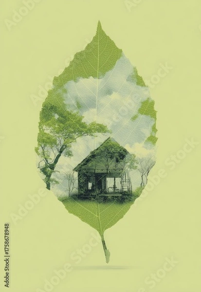 Fototapeta A dilapidated house nestled within a verdant leaf, superimposed against a pale green backdrop; the scene evokes a sense of serene decay and the passage of time