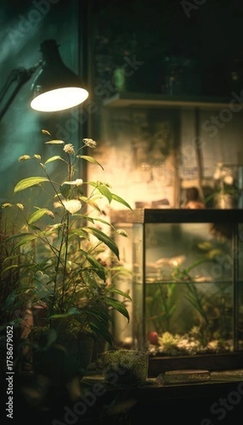 Fototapeta A dimly lit interior scene features a small aquarium with fish, a potted plant with white blossoms, and a desk lamp casting a warm glow against a blurred background of shelves and artwork