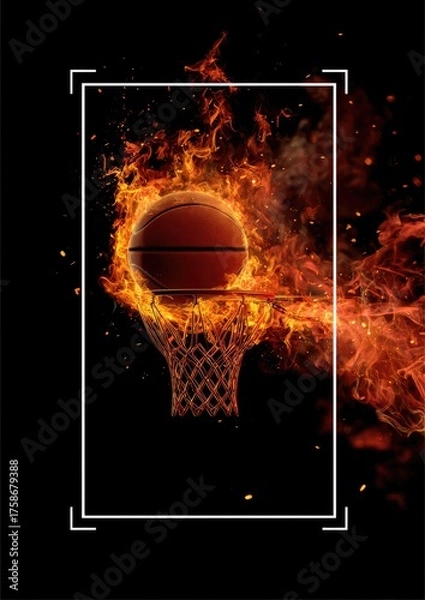 Fototapeta A fiery basketball engulfed in flames sinks through a flaming hoop, set against a stark black background, framed by a white border