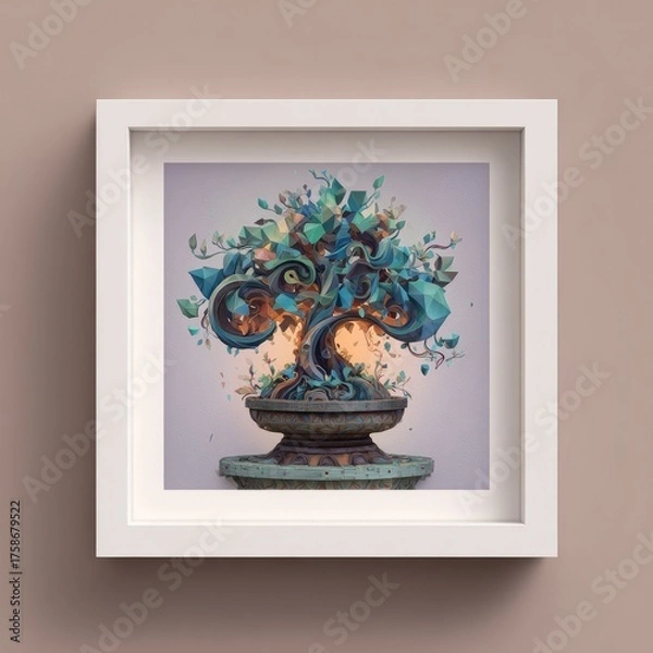 Fototapeta A framed digital artwork depicting a stylized, geometric tree with teal and orange hues, set in a stone pot on a platform, glowing subtly from below, against a muted purple background