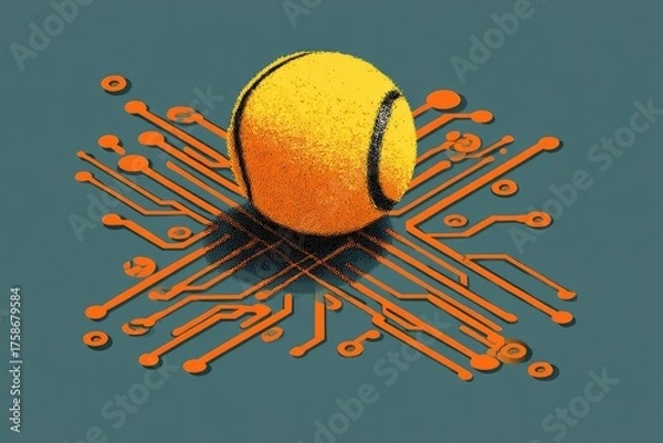 Fototapeta A fuzzy yellow tennis ball rests atop intersecting orange circuit board lines against a muted teal background, suggesting a blend of sports and technology