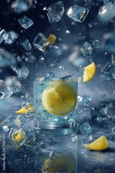 Fototapeta A glass of lemon-infused water with ice cubes levitating and scattered around it on a dark, reflective surface.  The scene is dynamic, suggesting motion and coolness