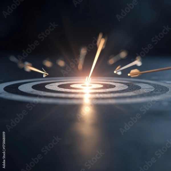 Fototapeta A glowing bullseye target is struck dead-center by an arrow, surrounded by other arrows slightly off-target, on a dark surface.  The scene evokes themes of precision, accuracy, and success