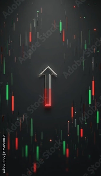 Fototapeta A glowing red and grey upward arrow is centrally positioned against a dark background scattered with vertical red and green bars, suggesting growth or market trends