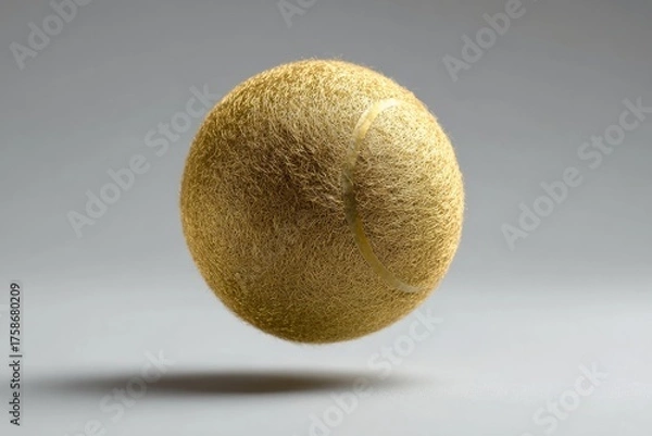 Fototapeta A golden, fuzzy tennis ball hovers slightly above a neutral gray surface, casting a subtle shadow.  Its texture appears soft and plush, with a barely visible seam