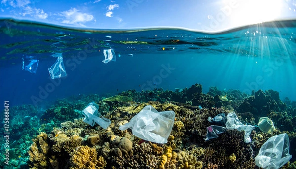 Obraz 美しい海に漂うプラスチックごみが象徴する深刻な海洋汚染の現実