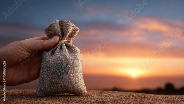 Fototapeta A hand gently holds a small, burlap pouch adorned with a subtle embroidered leaf design against a vibrant sunset over a calm ocean