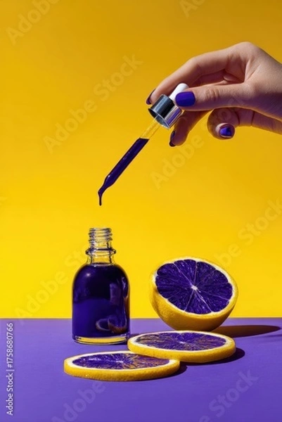 Fototapeta A hand with purple nail polish pours deep purple liquid from a dropper into a glass bottle;  half a purple citrus fruit and slices rest on a purple surface against a yellow background