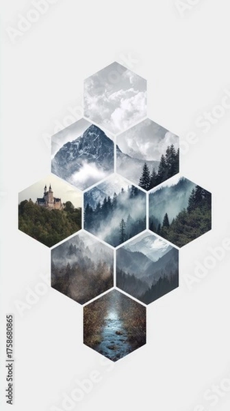 Fototapeta A hexagonal grid displays eight misty, mountainous landscapes; snowy peaks, forests, a castle, and a flowing stream are featured in cool tones, creating a serene, cohesive composition
