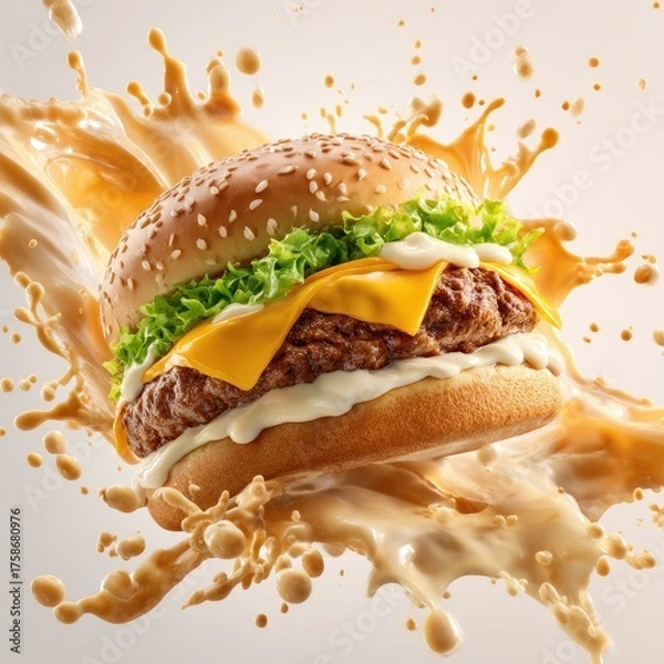 Fototapeta A juicy hamburger, layered with cheese, lettuce, and creamy sauce, is dynamically captured mid-air amidst a vibrant splash of sauce, showcasing its appetizing texture and fresh ingredients
