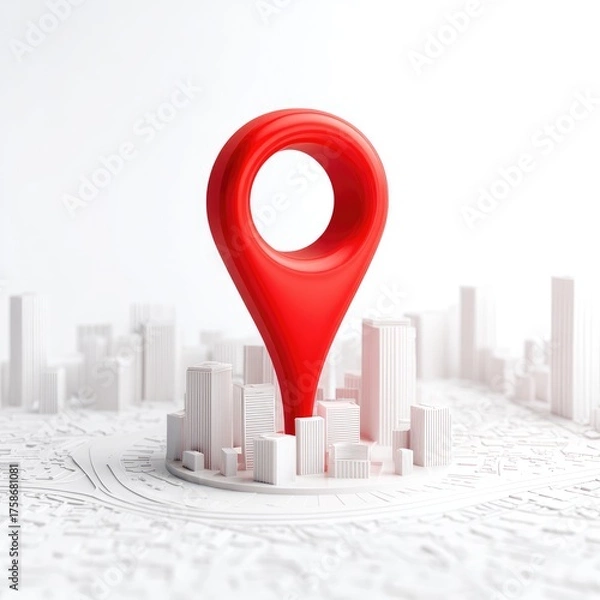 Fototapeta A large, glossy, red map pin sits atop a stylized white cityscape, nestled within a minimalist, paper-like map.  The image has a clean, modern aesthetic