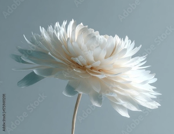 Fototapeta A large, off-white flower with numerous delicate petals, a slender stem, and a soft, muted background.  The lighting emphasizes the flower's texture and form