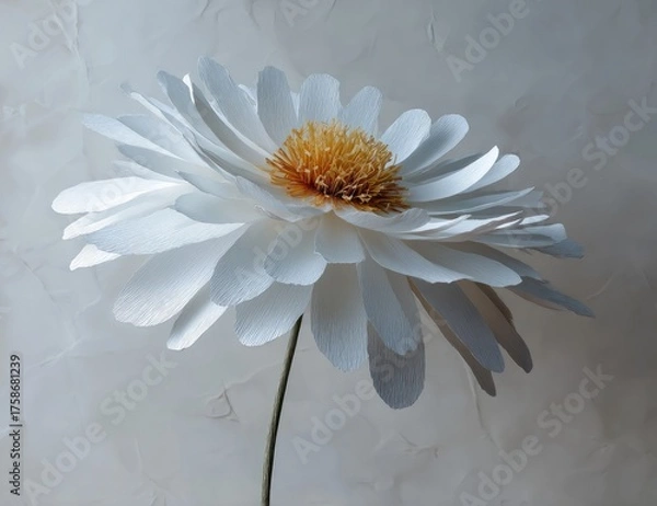 Fototapeta A large, meticulously crafted paper flower, white petals surrounding a yellow-orange center, stands against a textured, off-white backdrop.  The stem is thin and visible