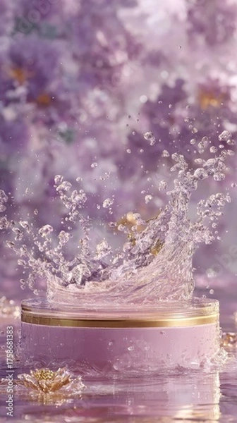 Fototapeta A lavender-hued liquid splashes dramatically onto a cylindrical container, resting on a reflective surface amidst a blurred backdrop of purple blossoms.  The scene is soft, ethereal, and luxurious