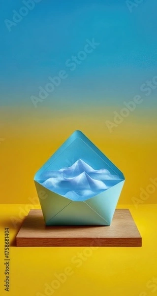 Fototapeta A light blue envelope rests on a wooden block against a yellow background, its interior filled with stylized, cloud-like forms resembling miniature mountains, set against a gradient blue backdrop