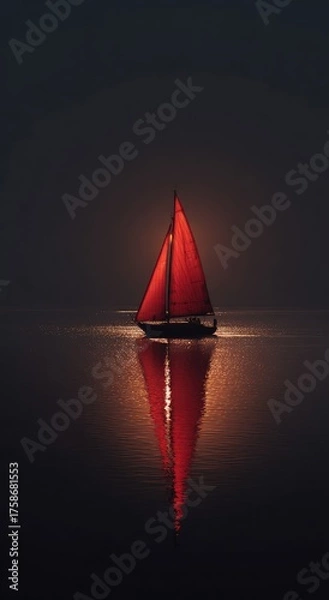 Fototapeta A lone sailboat with a vibrant red sail glides across a dark, still body of water at night, its reflection mirrored perfectly on the glassy surface under a dim, hazy sky