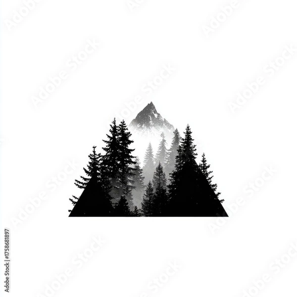 Fototapeta A minimalist black and white illustration of a mountain peak nestled within a triangle framed by a silhouetted coniferous forest, rendered with varying shades of black to suggest depth and mist