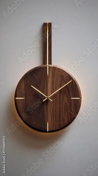 Fototapeta A minimalist circular wall clock crafted from dark wood, featuring a subtle backlit edge and slender gold hands and accents.  The clock hangs from a vertical wooden element