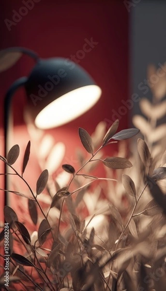 Fototapeta A muted-toned close-up shows a desk lamp's warm light illuminating muted-green foliage against a deep red wall. The focus is soft, emphasizing the lamp's glow and plant textures
