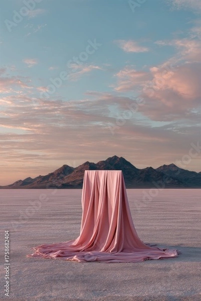 Fototapeta A pale pink cloth drapes a cubic form on a vast, white salt flat under a dusky, pastel sky. Mountains rise in the distance