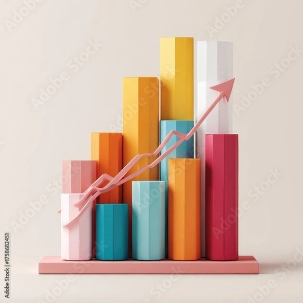 Fototapeta A pastel-colored, ascending bar graph with a pink arrow indicating upward growth.  The graph is composed of hexagonal prisms on a pink base against a neutral backdrop