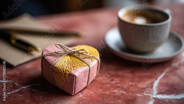 Fototapeta A pink heart-shaped gift, wrapped in twine, sits on a marble table next to a cup of coffee and stationery. Soft, warm lighting creates a romantic ambiance