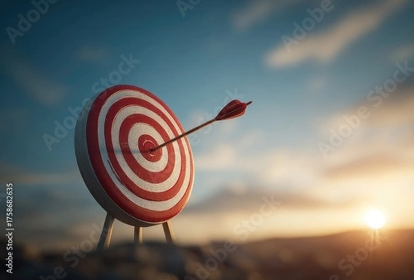 Fototapeta A red and white dartboard stands on rocky ground at sunset, a single arrow piercing its bullseye, symbolizing achievement and success against a vibrant sky