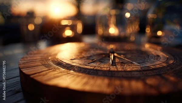Fototapeta A rustic wooden clock sits on a table at sunset, bathed in warm light;  blurred candles and a bokeh-filled background suggest a romantic, outdoor setting