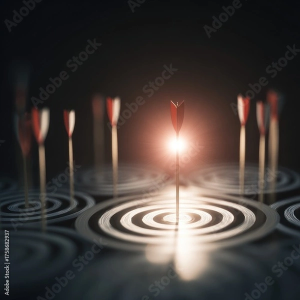 Fototapeta A single, centrally-placed arrow hits the bullseye of a dartboard, surrounded by other arrows that miss, illuminated by a warm light against a dark background