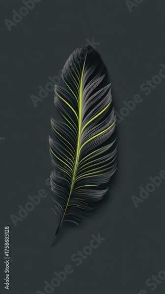 Fototapeta A single, stylized leaf, dark grey with vibrant lime-green central vein and parallel lines, is presented against a dark grey background; minimal, elegant aesthetic